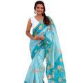 Women's Linen Printed Saree With Unstitched Blouse 5.5Mtr闁?Aqua)
