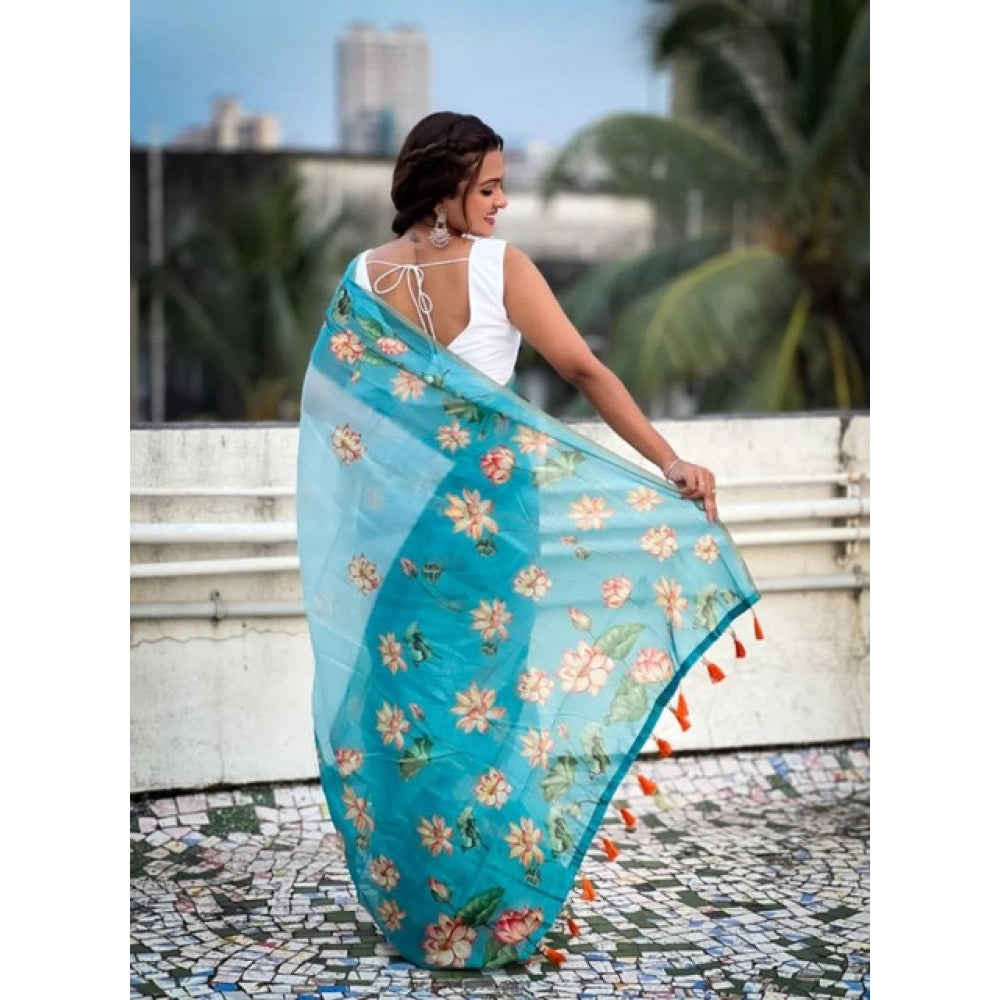 Women's Linen Printed Saree With Unstitched Blouse 5.5Mtr闁?Aqua)