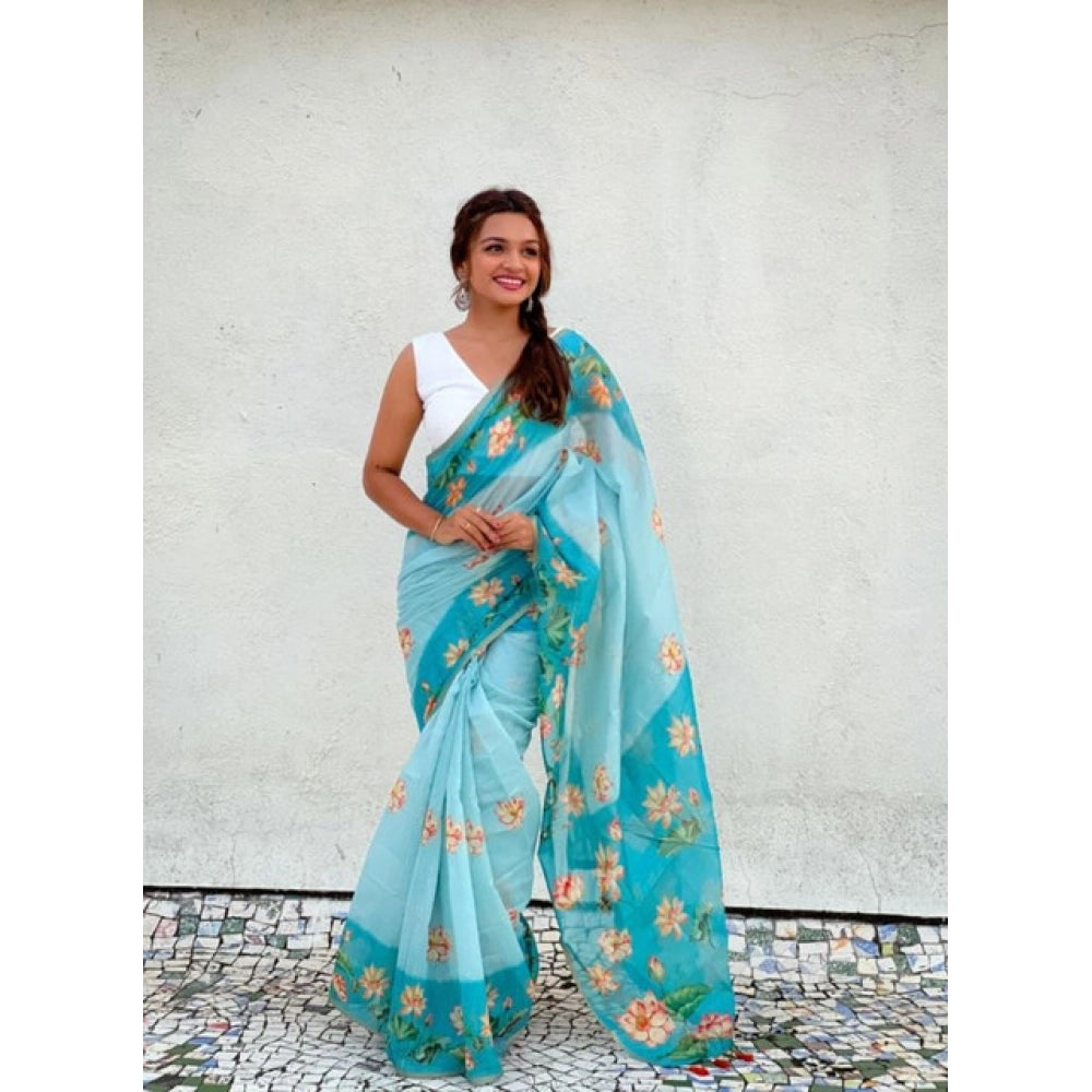 Women's Linen Printed Saree With Unstitched Blouse 5.5Mtr闁?Aqua)