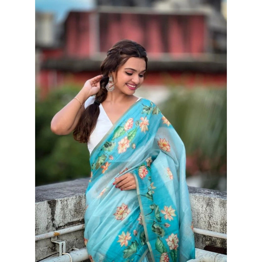 Women's Linen Printed Saree With Unstitched Blouse 5.5Mtr闁?Aqua)