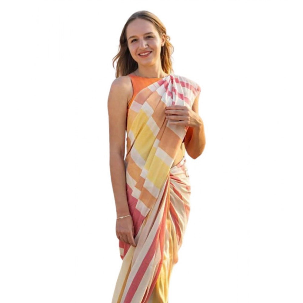 Women's Linen Printed Saree With Unstitched Blouse 5.5Mtr闁?Yellow)