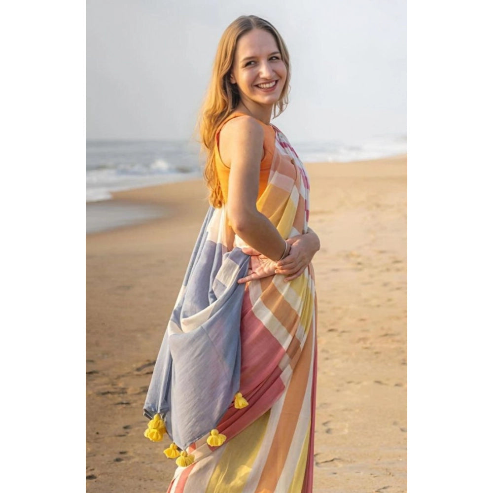 Women's Linen Printed Saree With Unstitched Blouse 5.5Mtr闁?Yellow)