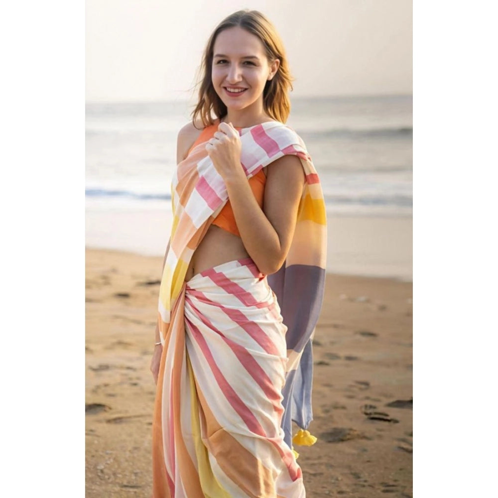 Women's Linen Printed Saree With Unstitched Blouse 5.5Mtr闁?Yellow)