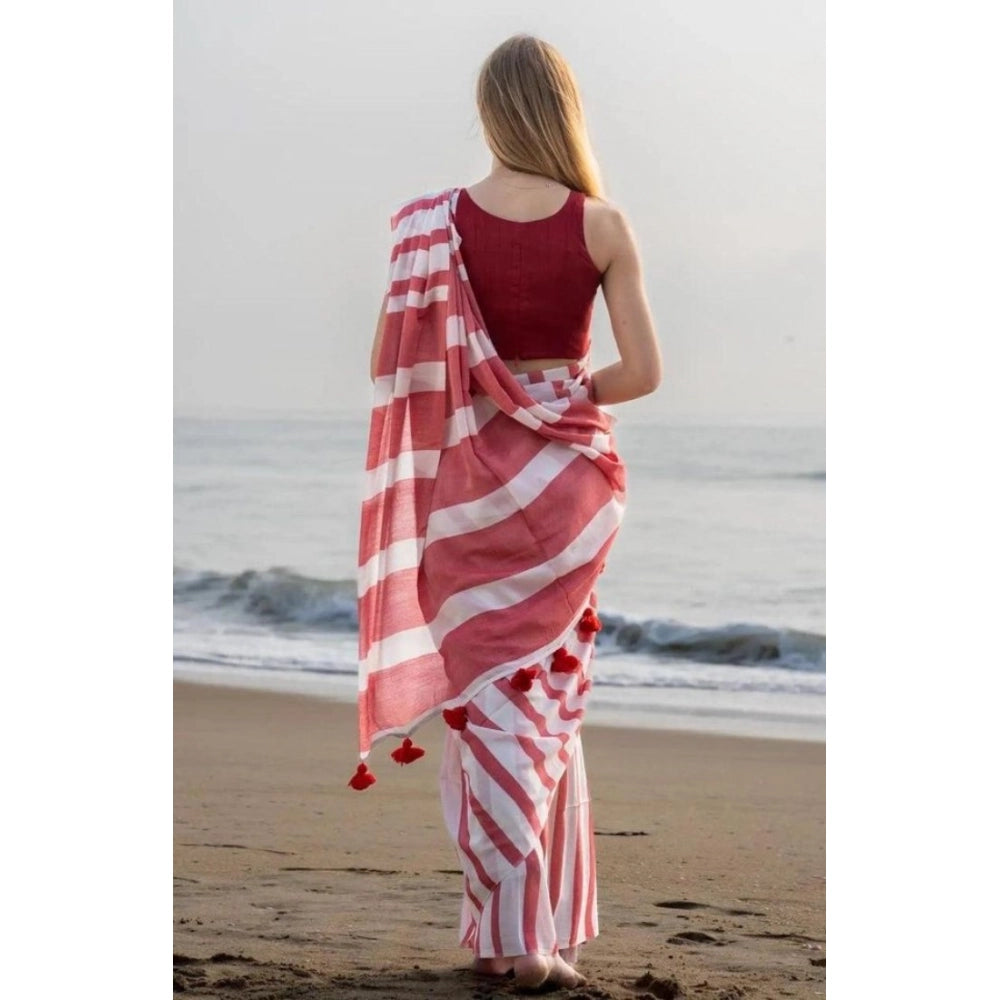 Women's Linen Printed Saree With Unstitched Blouse 5.5Mtr闁?Red)