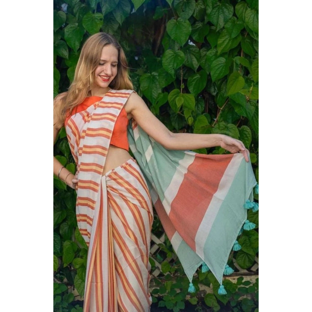 Women's Linen Printed Saree With Unstitched Blouse 5.5Mtr闁?Orange)