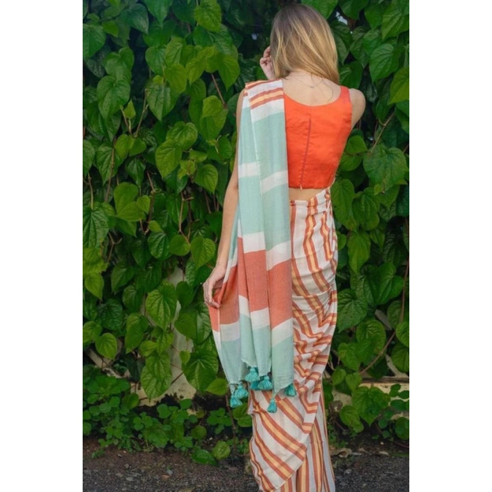 Women's Linen Printed Saree With Unstitched Blouse 5.5Mtr闁?Orange)