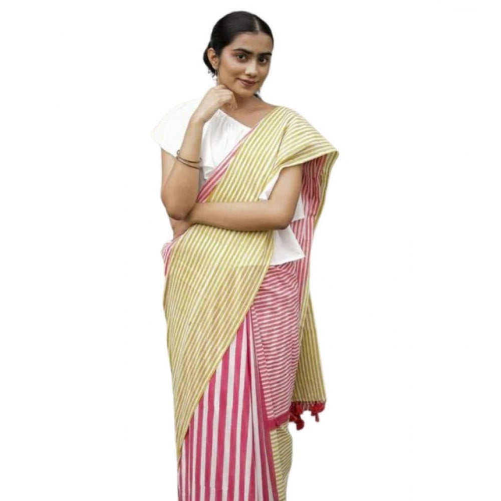 Women's Linen Printed Saree With Unstitched Blouse 5.5Mtr闁?Yellow)