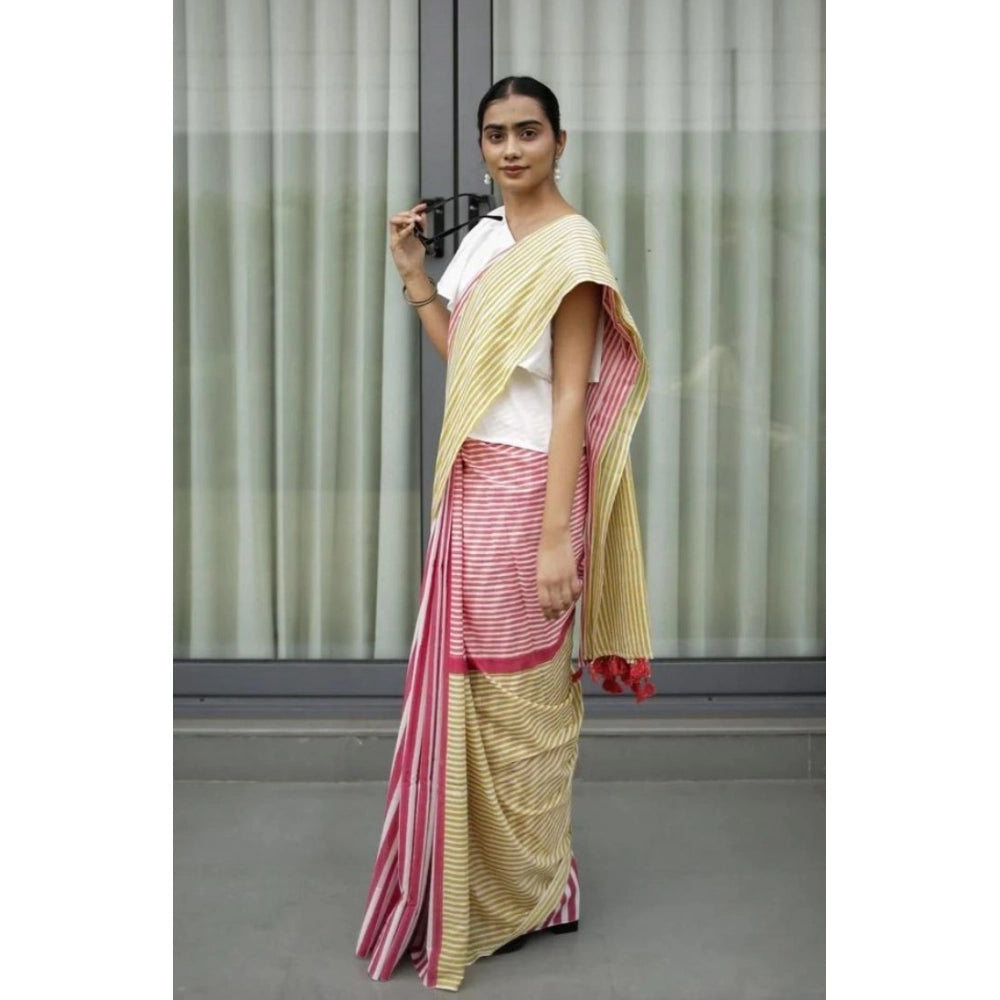Women's Linen Printed Saree With Unstitched Blouse 5.5Mtr闁?Yellow)