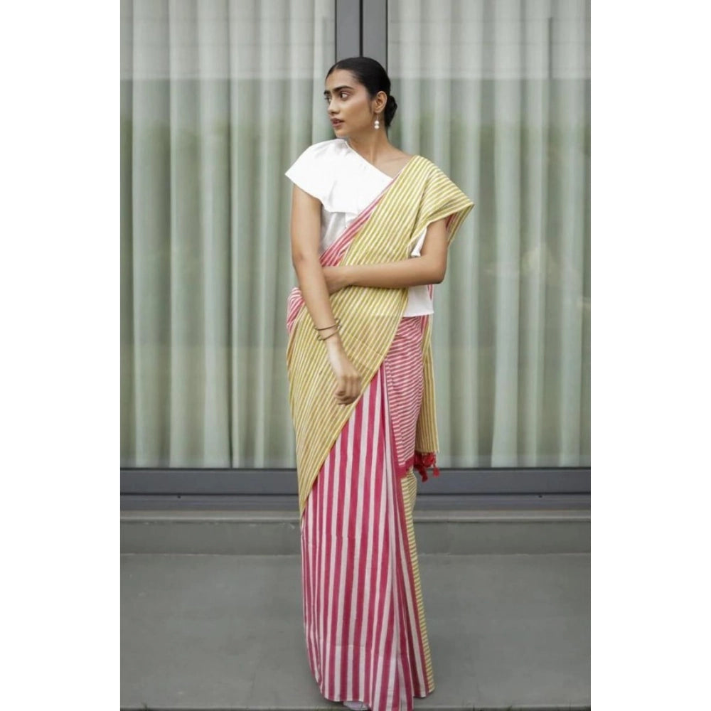 Women's Linen Printed Saree With Unstitched Blouse 5.5Mtr闁?Yellow)