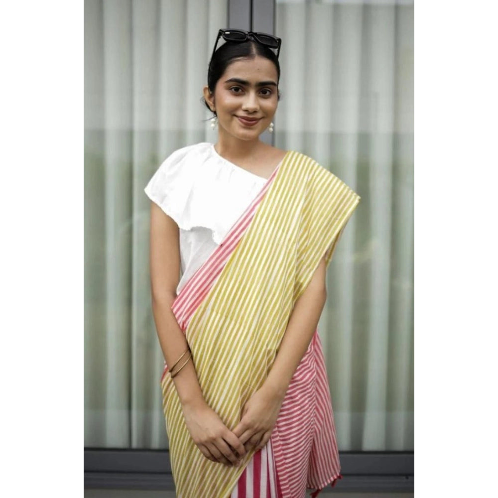 Women's Linen Printed Saree With Unstitched Blouse 5.5Mtr闁?Yellow)