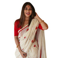 Women's Linen Printed Saree With Unstitched Blouse 5.5Mtr闁?White)