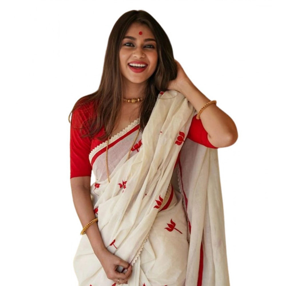 Women's Linen Printed Saree With Unstitched Blouse 5.5Mtr闁?White)