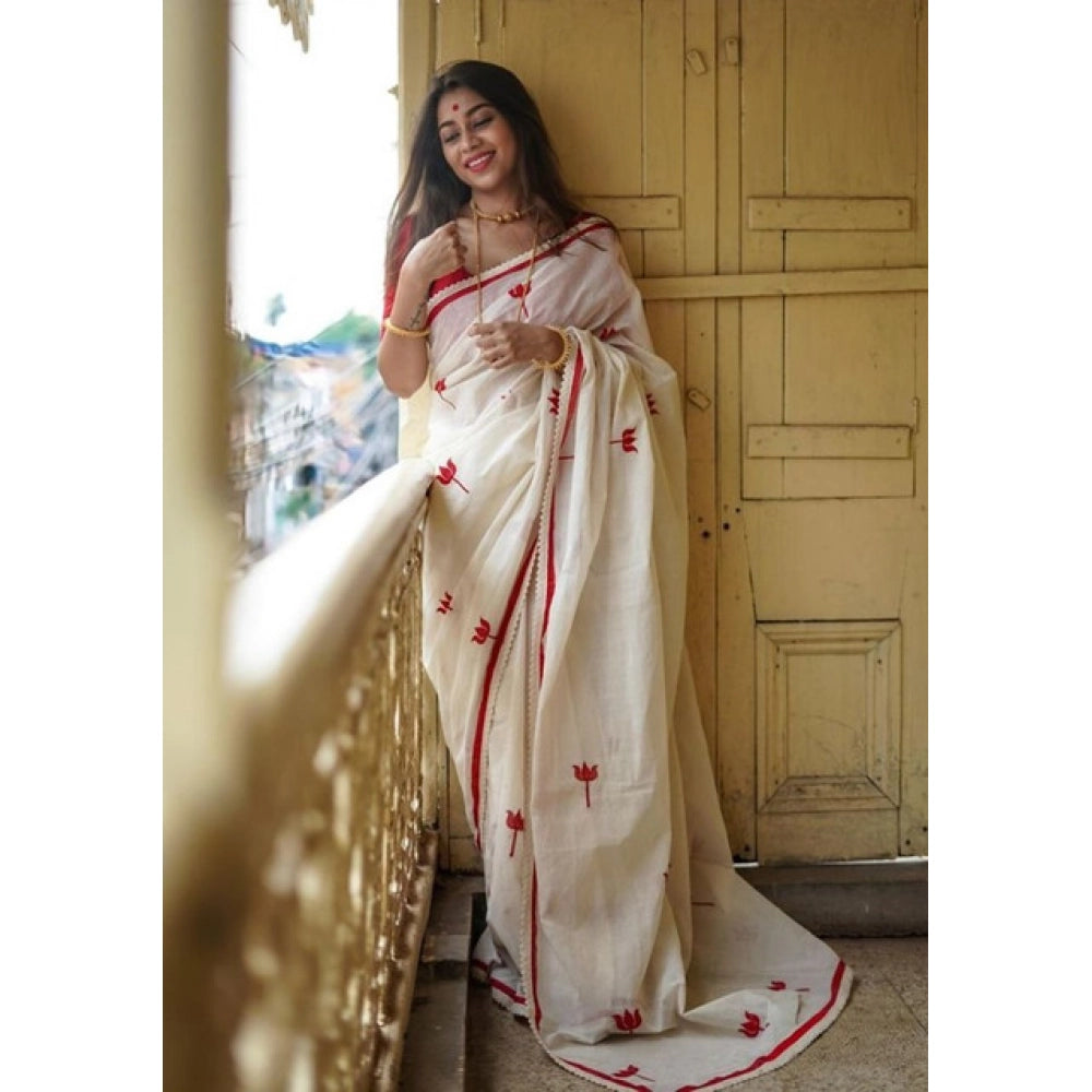 Women's Linen Printed Saree With Unstitched Blouse 5.5Mtr闁?White)