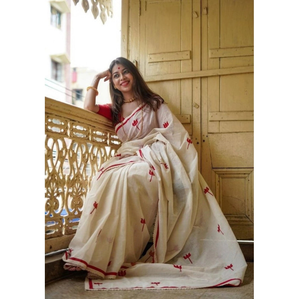 Women's Linen Printed Saree With Unstitched Blouse 5.5Mtr闁?White)