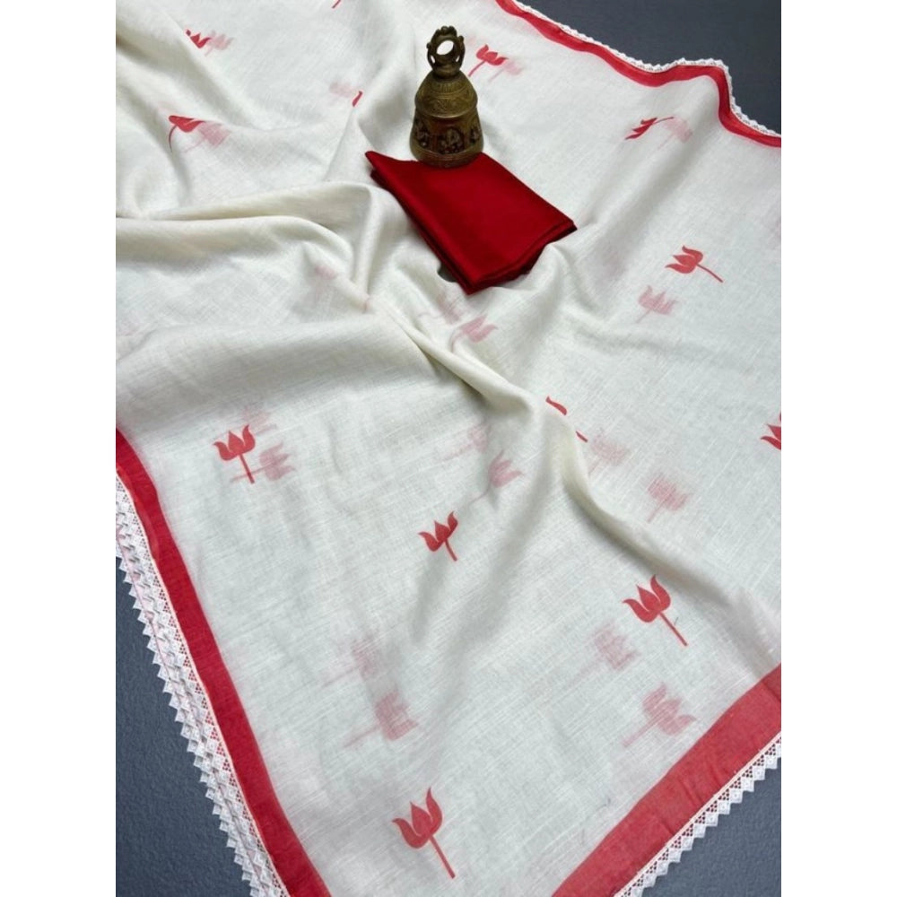 Women's Linen Printed Saree With Unstitched Blouse 5.5Mtr闁?White)