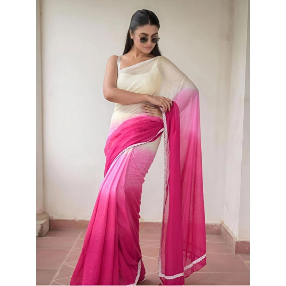 Women's Linen Printed Saree With Unstitched Blouse 5.5Mtr闁?Pink)