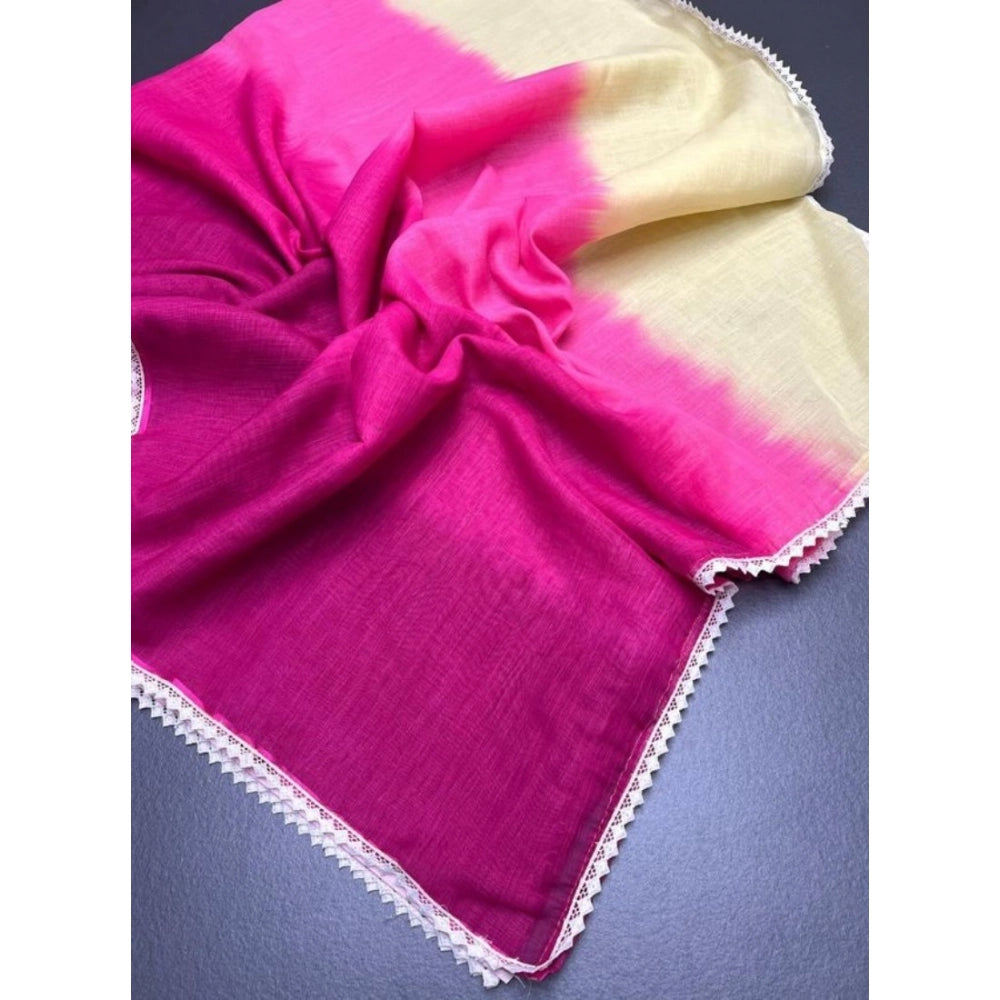 Women's Linen Printed Saree With Unstitched Blouse 5.5Mtr闁?Pink)
