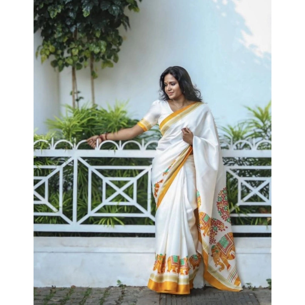 Women's Linen Printed Saree With Unstitched Blouse 5.5Mtr闁?White)