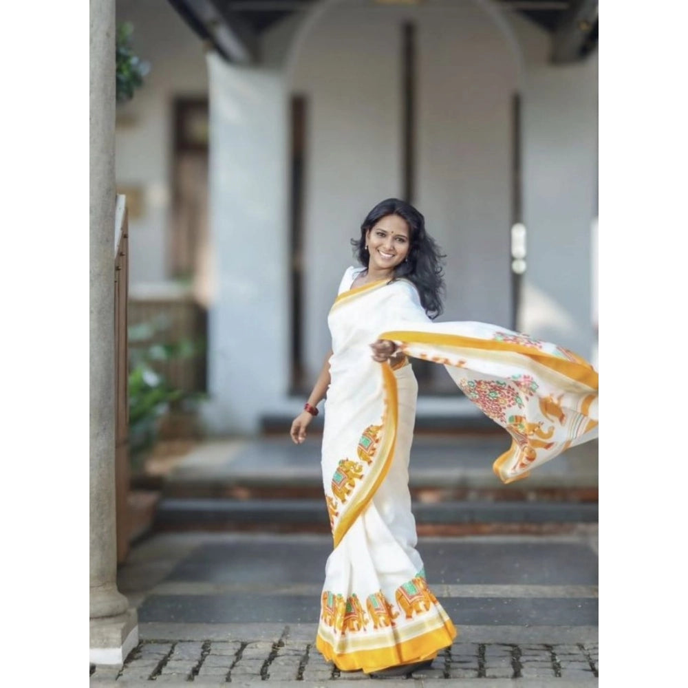 Women's Linen Printed Saree With Unstitched Blouse 5.5Mtr闁?White)