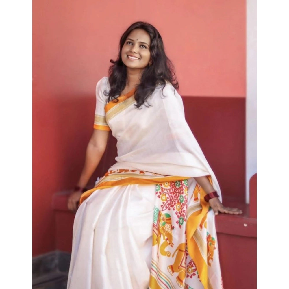 Women's Linen Printed Saree With Unstitched Blouse 5.5Mtr闁?White)