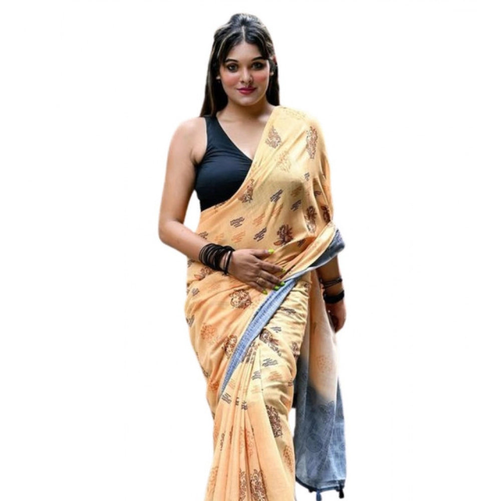 Women's Linen Printed Saree With Unstitched Blouse 5.5Mtr闁?Peach)