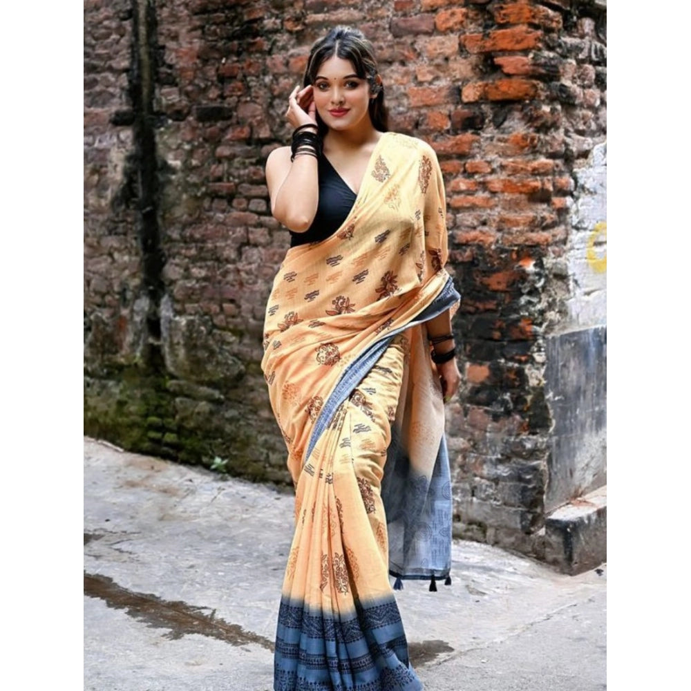 Women's Linen Printed Saree With Unstitched Blouse 5.5Mtr闁?Peach)