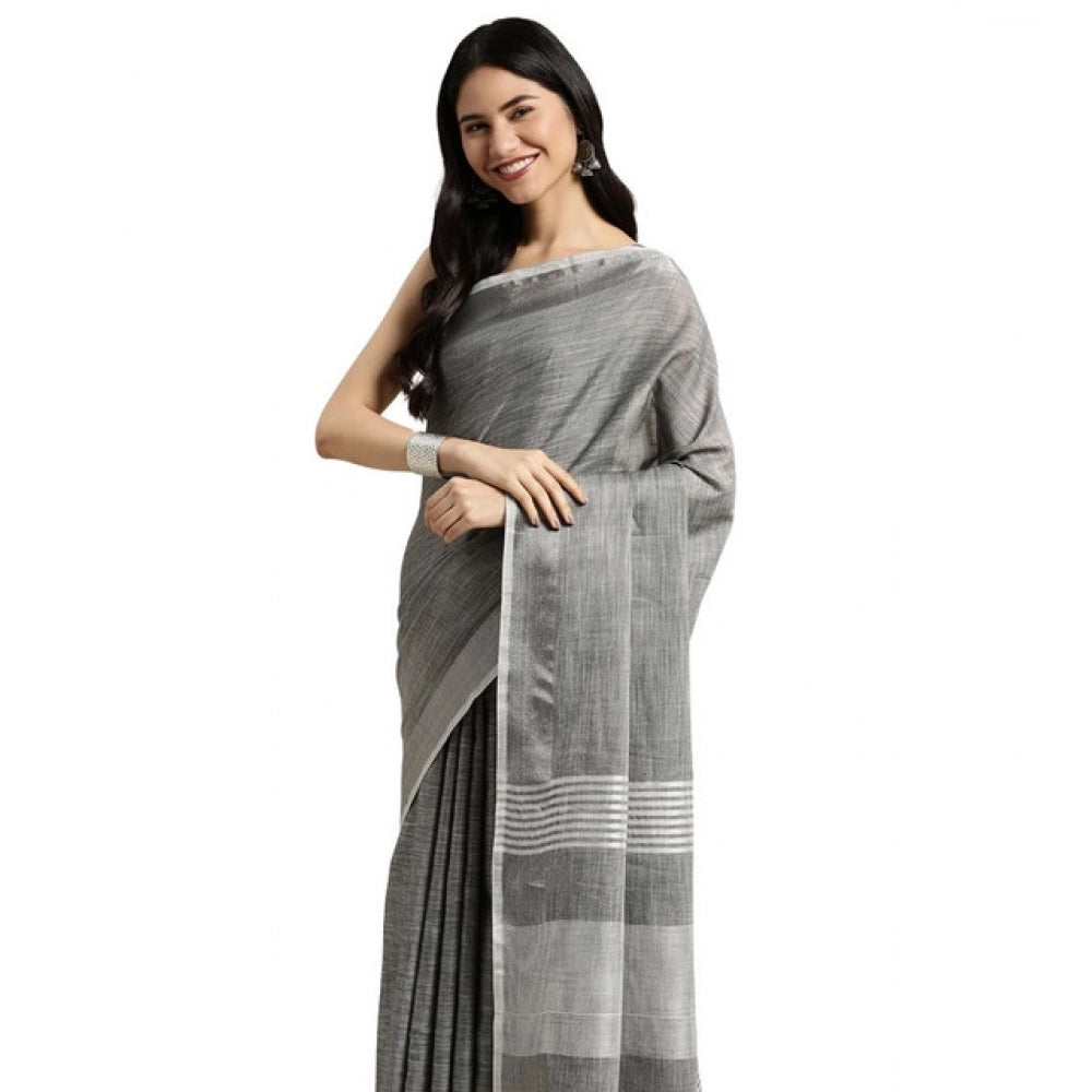 Women's Linen Cotton Printed Saree With Unstitched Blouse 5.5Mtr (Dark Grey)