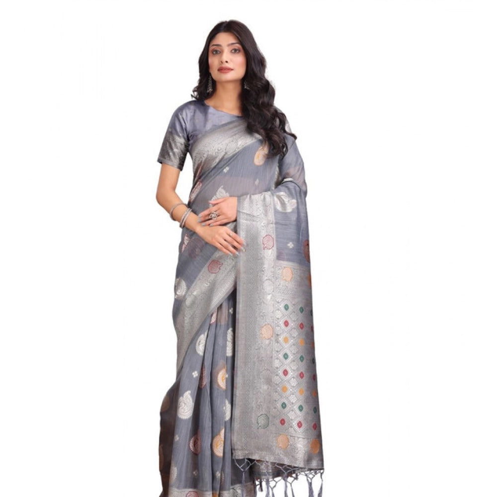 Women's Linen Cotton Printed Saree With Unstitched Blouse 5.5Mtr (Grey)