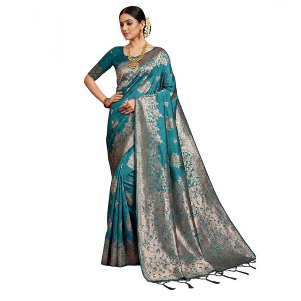 Women's Silk Blend Printed Saree With Unstitched Blouse 5.5Mtr (Sea Green)