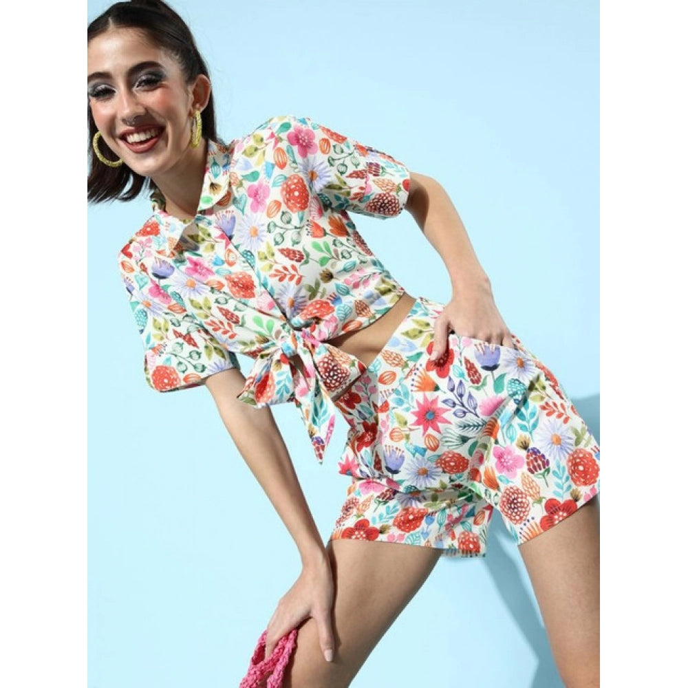 HD Women's Polyester Floral Short Sleeve Co-Ord Set (Multicolor)