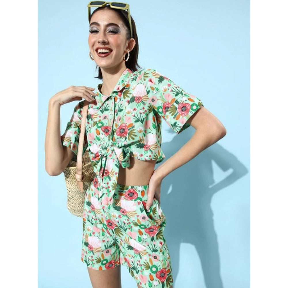 HD Women's Polyester Floral Short Sleeve Co-Ord Set (Multicolor)