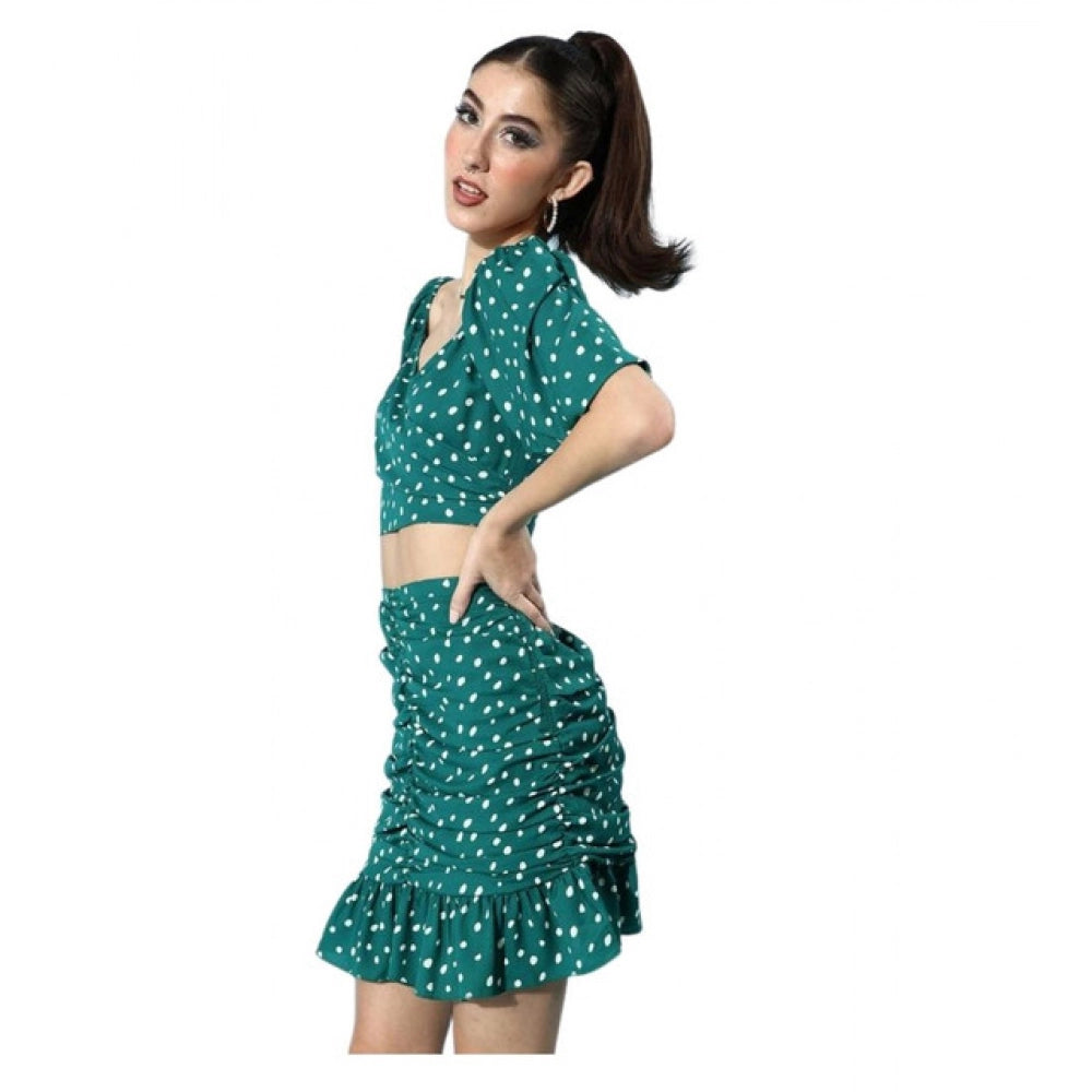 HD Women's Polyester Floral Short Sleeve Co-Ord Set (Green)