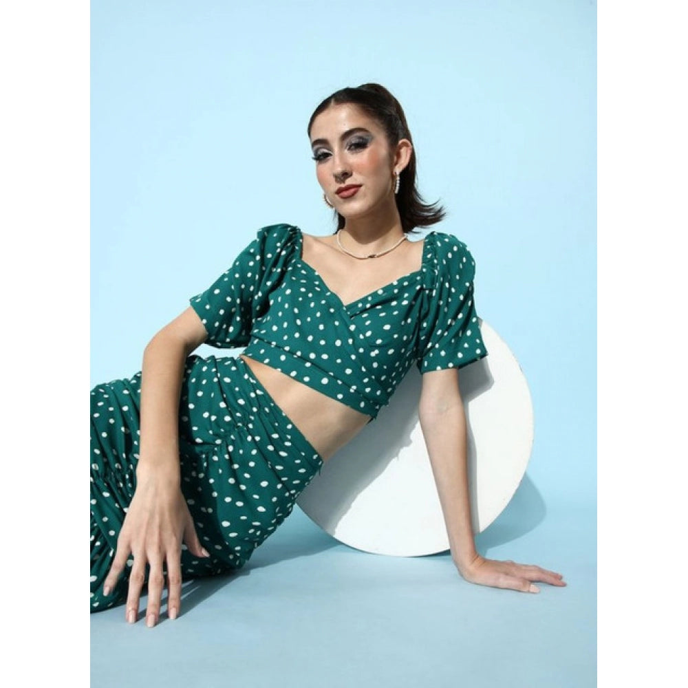 HD Women's Polyester Floral Short Sleeve Co-Ord Set (Green)