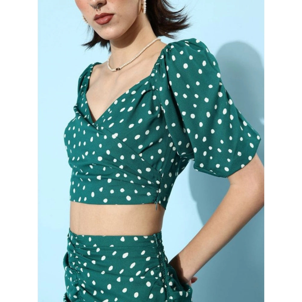 HD Women's Polyester Floral Short Sleeve Co-Ord Set (Green)