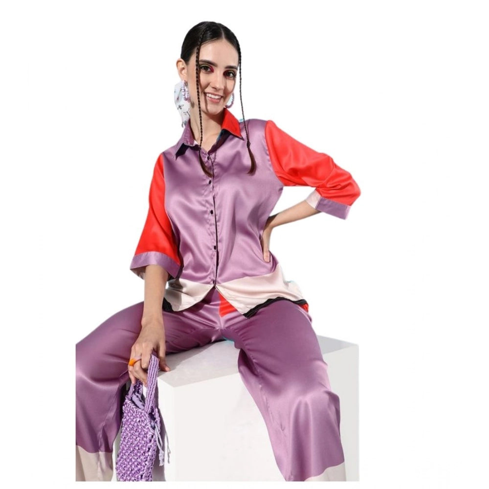 HD Women's Satin Colour Block Long Sleeves Co-Ord Set (Multicolor)