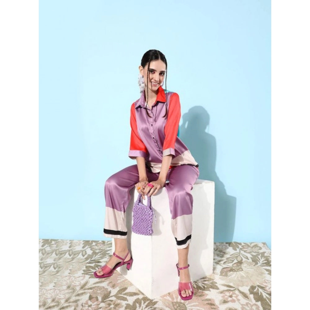 HD Women's Satin Colour Block Long Sleeves Co-Ord Set (Multicolor)