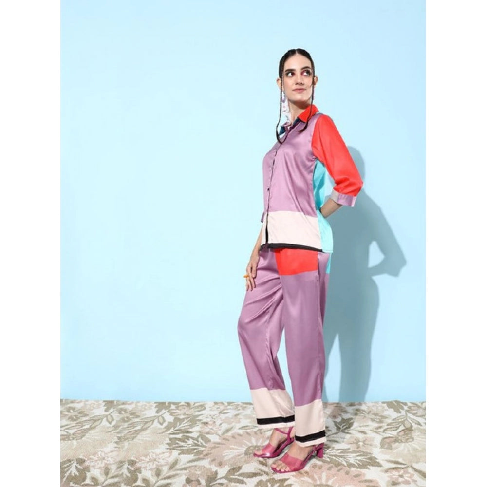 HD Women's Satin Colour Block Long Sleeves Co-Ord Set (Multicolor)