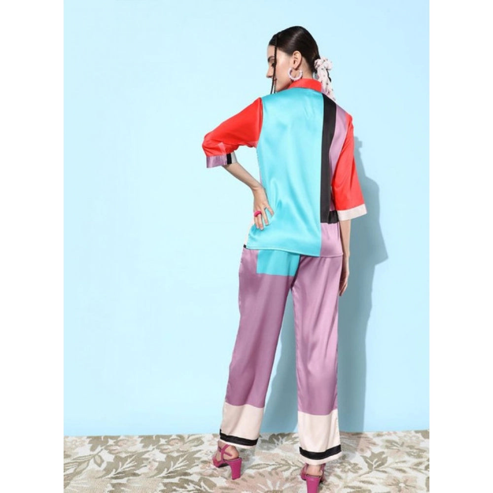 HD Women's Satin Colour Block Long Sleeves Co-Ord Set (Multicolor)
