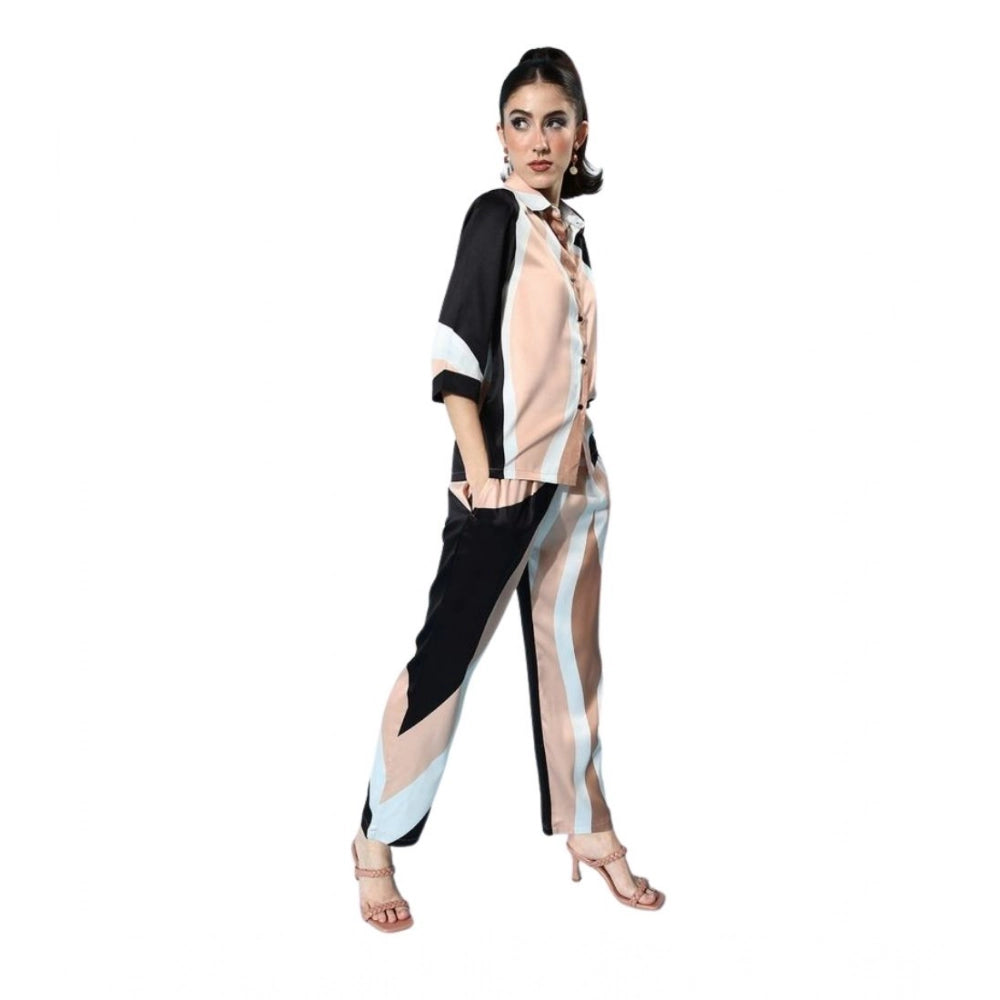 HD Women's Satin Colour Block Long Sleeves Co-Ord Set (Beige - Black)