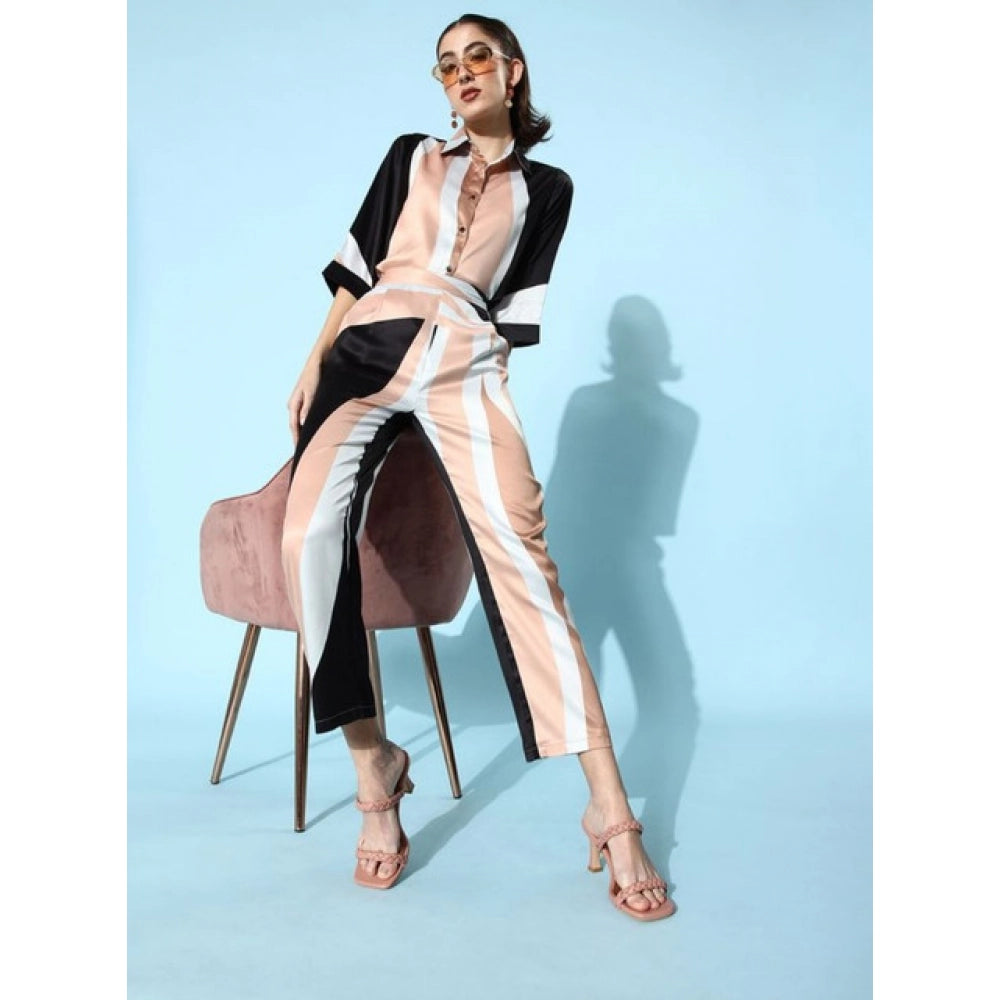 HD Women's Satin Colour Block Long Sleeves Co-Ord Set (Beige - Black)