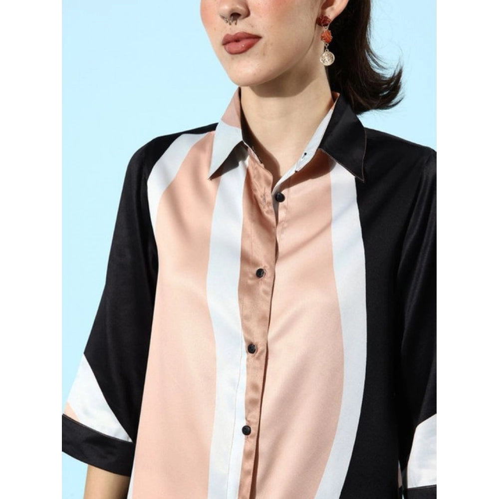 HD Women's Satin Colour Block Long Sleeves Co-Ord Set (Beige - Black)