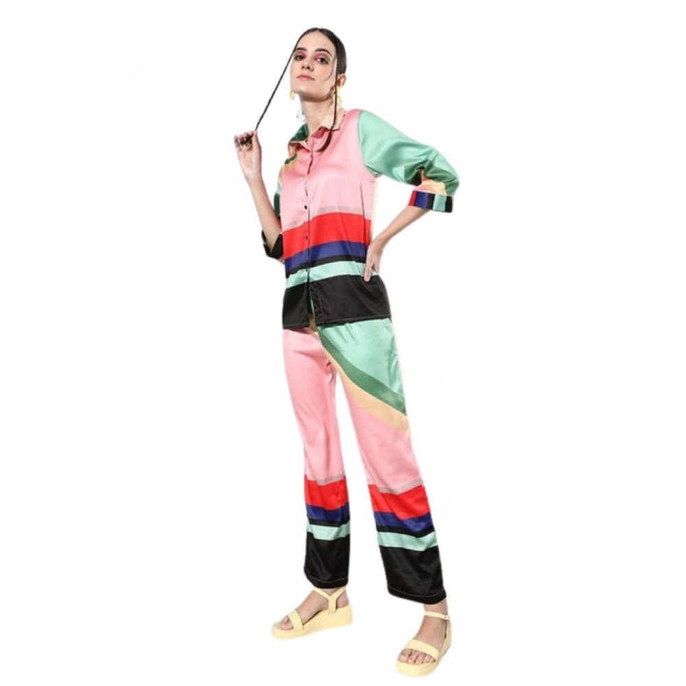 HD Women's Satin Colour Block Long Sleeves Co-Ord Set (Multicolor)