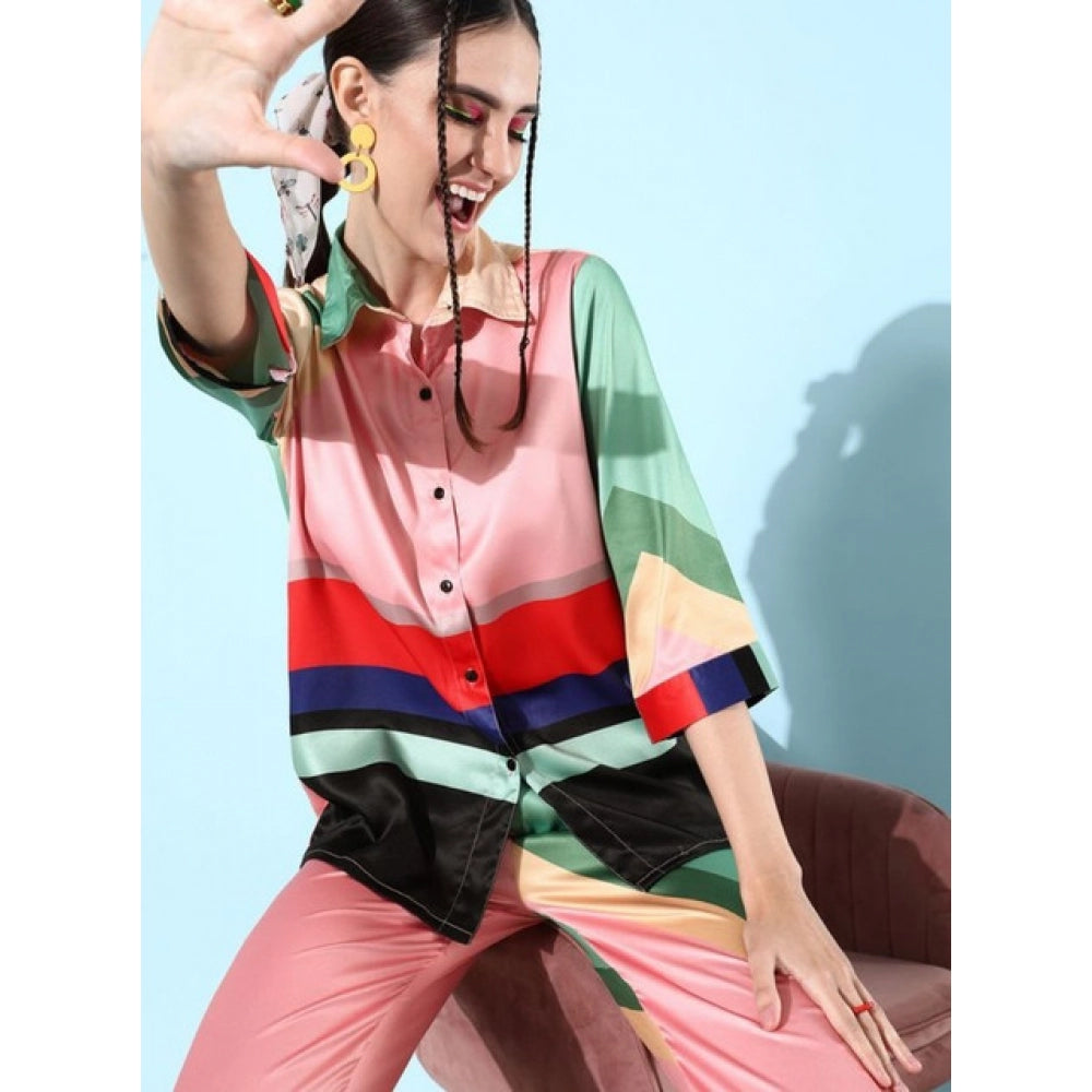 HD Women's Satin Colour Block Long Sleeves Co-Ord Set (Multicolor)