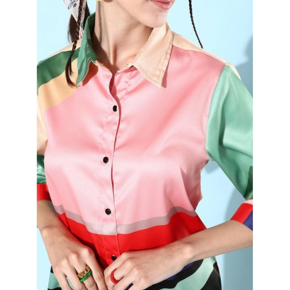 HD Women's Satin Colour Block Long Sleeves Co-Ord Set (Multicolor)