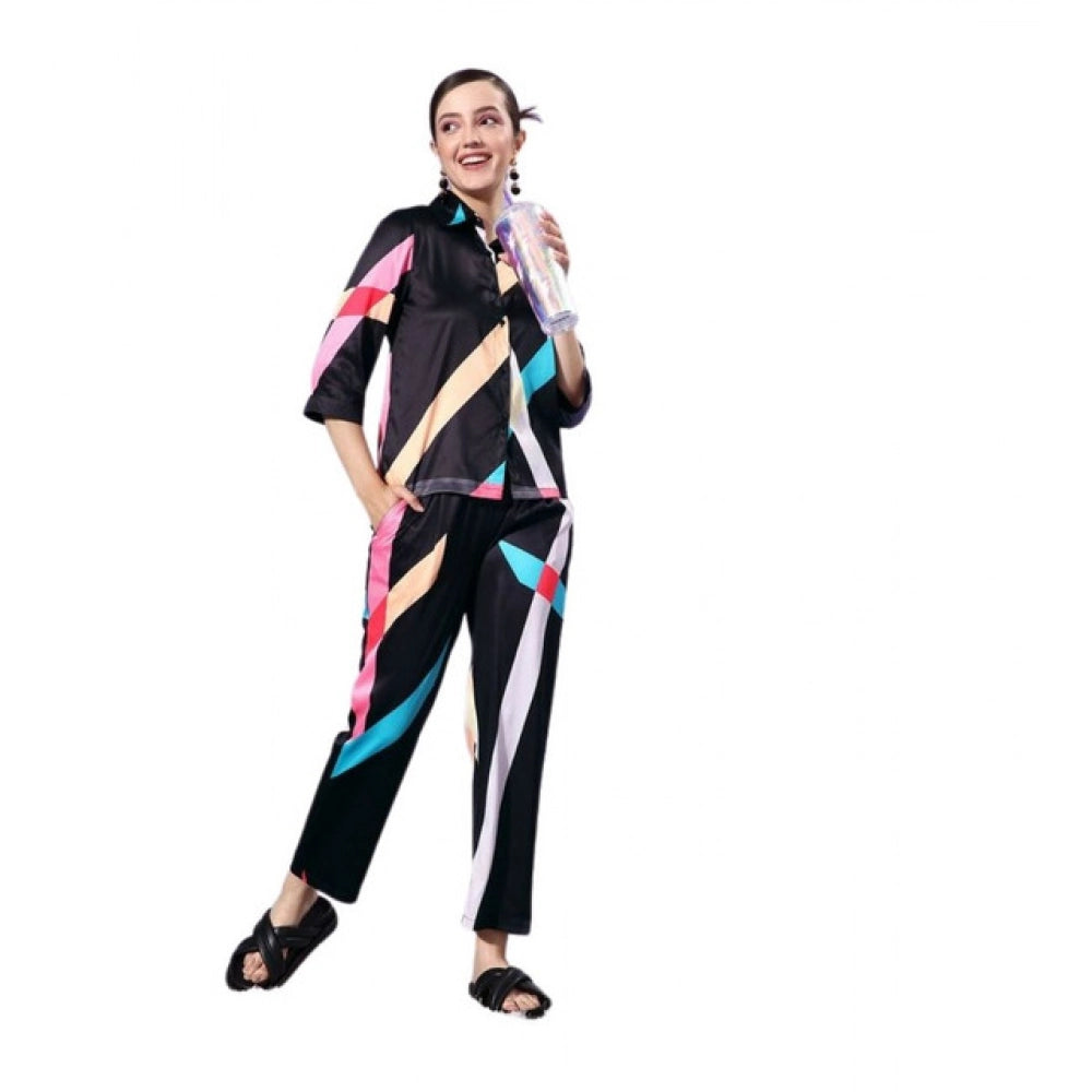 HD Women's Satin Colour Block Long Sleeves Co-Ord Set (Multicolor)
