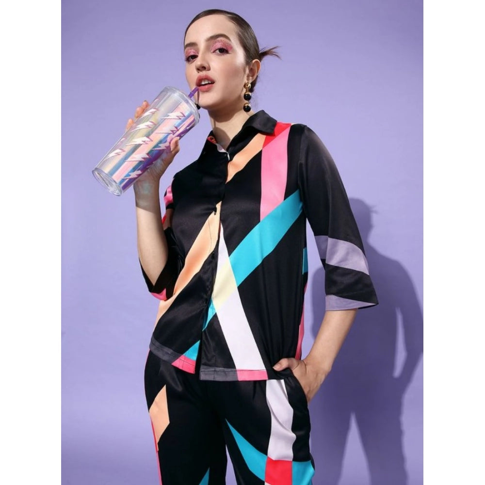 HD Women's Satin Colour Block Long Sleeves Co-Ord Set (Multicolor)