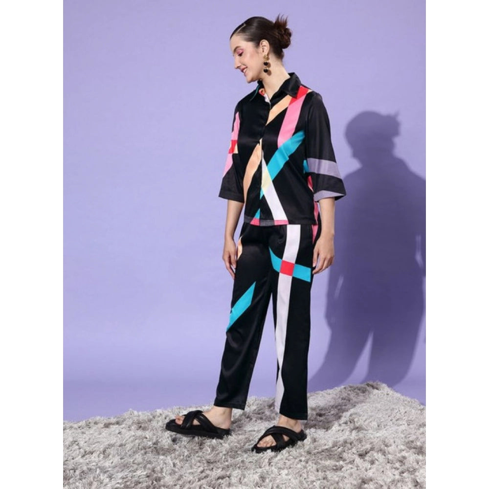 HD Women's Satin Colour Block Long Sleeves Co-Ord Set (Multicolor)