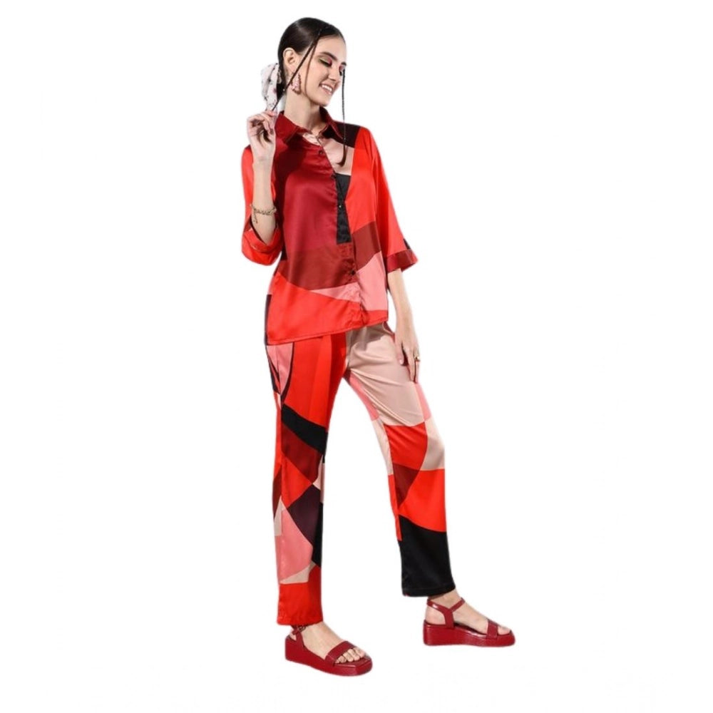 HD Women's Satin Colour Block Long Sleeves Co-Ord Set (Multicolor)