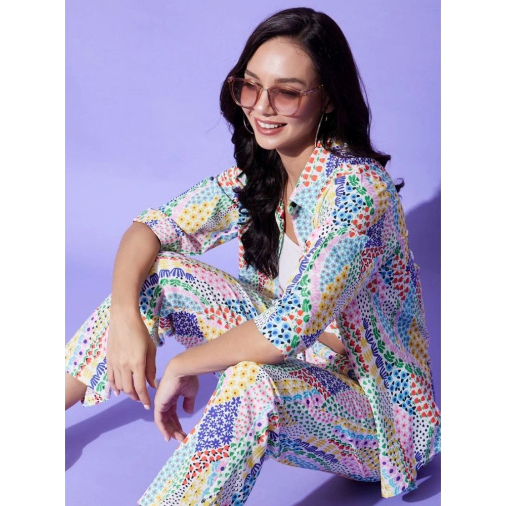 HD Women's Polyester Floral 3-4th Sleeve Co-Ord Set (Multicolor)