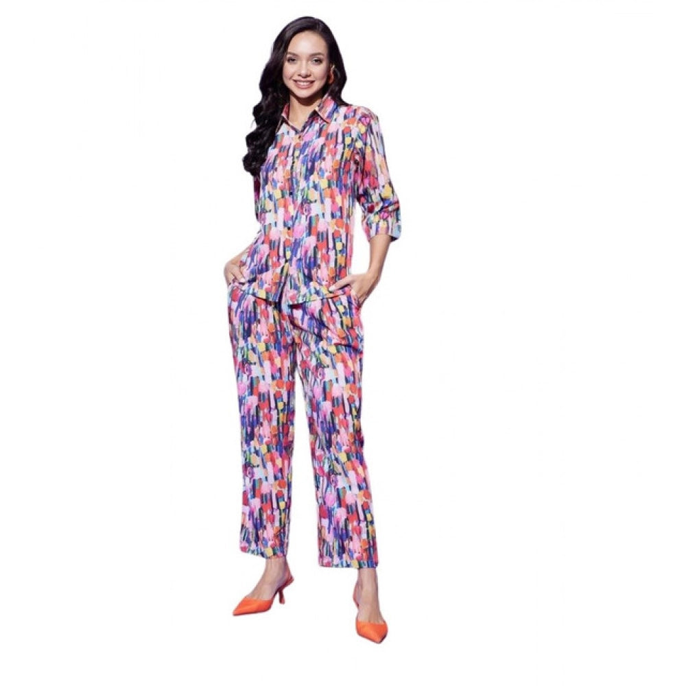 HD Women's Polyester Floral 3-4th Sleeve Co-Ord Set (Multicolor)